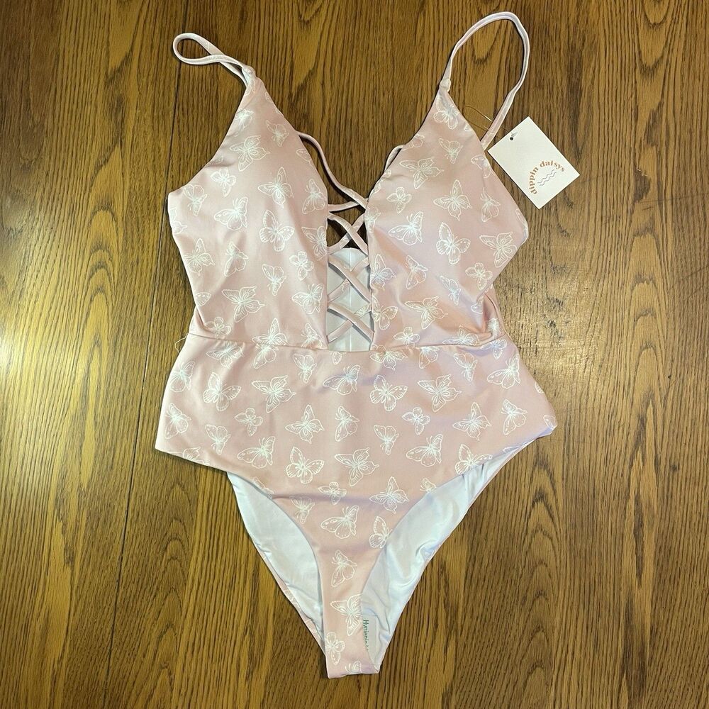 NWT Dippin' Daisy's Bliss One Piece Swimsuit XL Pink Butterfly Lace Up Plunge
